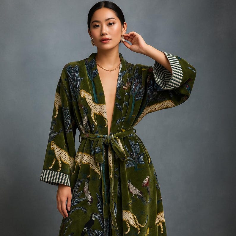 May include: A green velvet robe with a jungle-themed pattern featuring leopards, birds, and foliage. The robe has a tie waist, wide sleeves, and striped cuffs. The overall design is a luxurious and elegant garment.