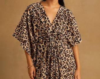 Leopard Print Cotton Kaftan: Boho Maxi Dress