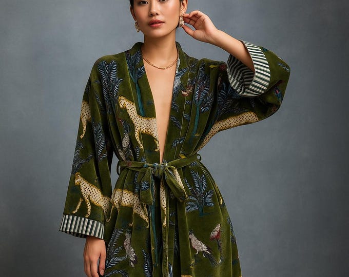 Personalized Reversible Jungle Velvet Kimono Robe: Organic Cotton Boho Jacket