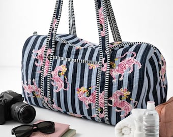 Handmade Block Printed Quilted Cotton Duffle Bag | Floral & Animal Print Travel Weekender | Yoga Gym Overnight Bag Gift