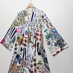 White Patchwork Dress Long Summer Wear Dress 2 Pockets Boho Dressing Gown Casual Dress Floral Hand Block Print Long Cotton Sundress V Neck