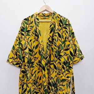 Yellow Velvet Kimono Robe: Floral Animal Print, Cotton Long Jacket Winter Coat image 20