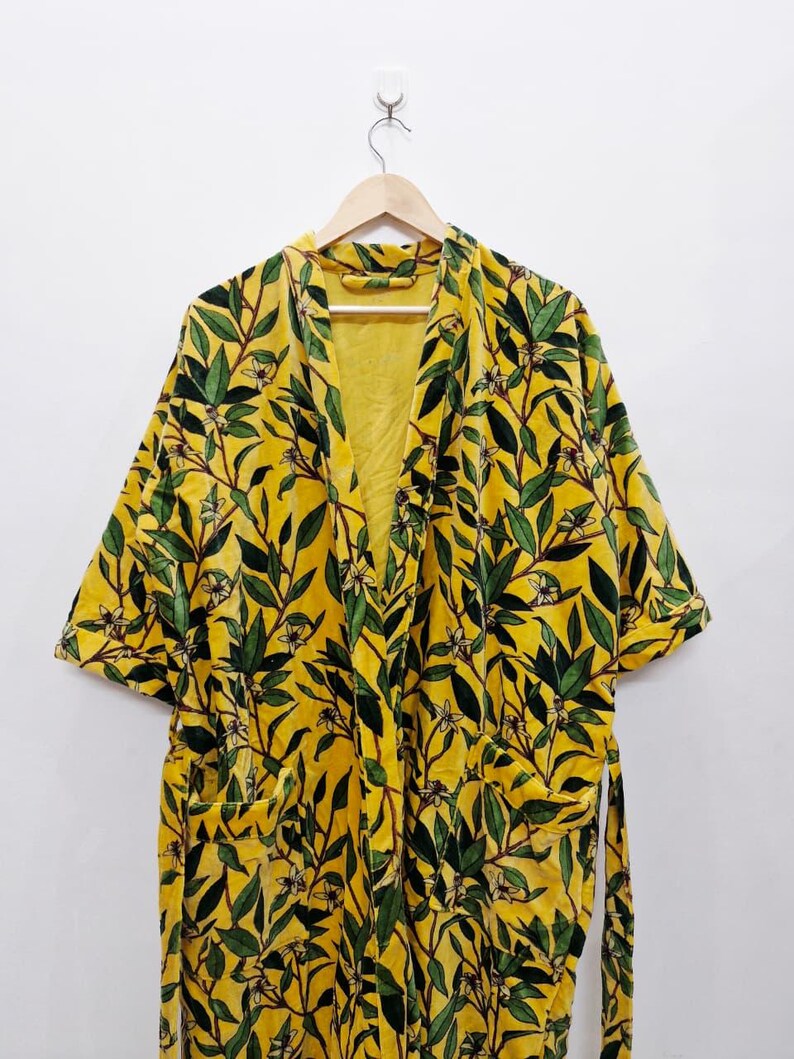 Yellow Velvet Kimono Robe: Floral Animal Print, Cotton Long Jacket Winter Coat image 20