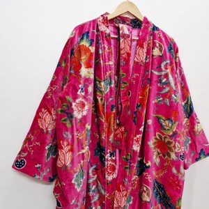 Reversible Velvet Kimono Robe: Green Jungle Safari Print, Cotton Jacket Winter Wear Pink Floral