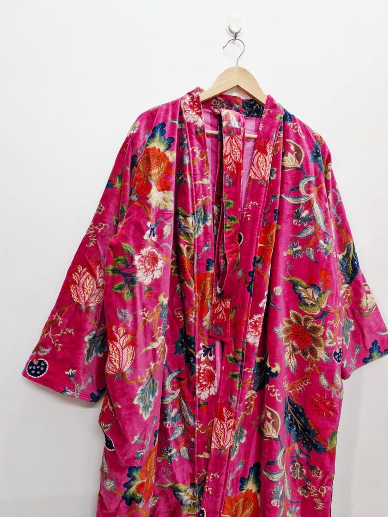 Reversible Velvet Kimono Robe: Green Jungle Safari Print, Cotton Jacket Winter Wear Pink Floral