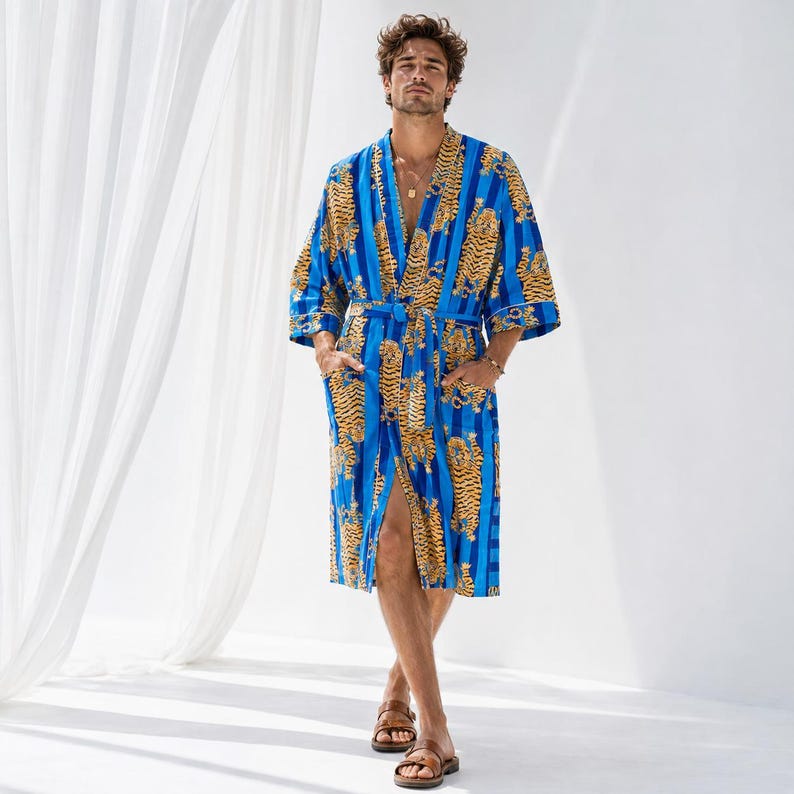 Green Men's Robe Pure Cotton Kimono Christmas Gift Autumn Wear Indian ...