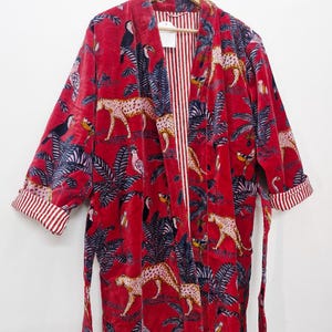 Reversible Velvet Kimono Robe: Green Jungle Safari Print, Cotton Jacket Winter Wear Red Jungle