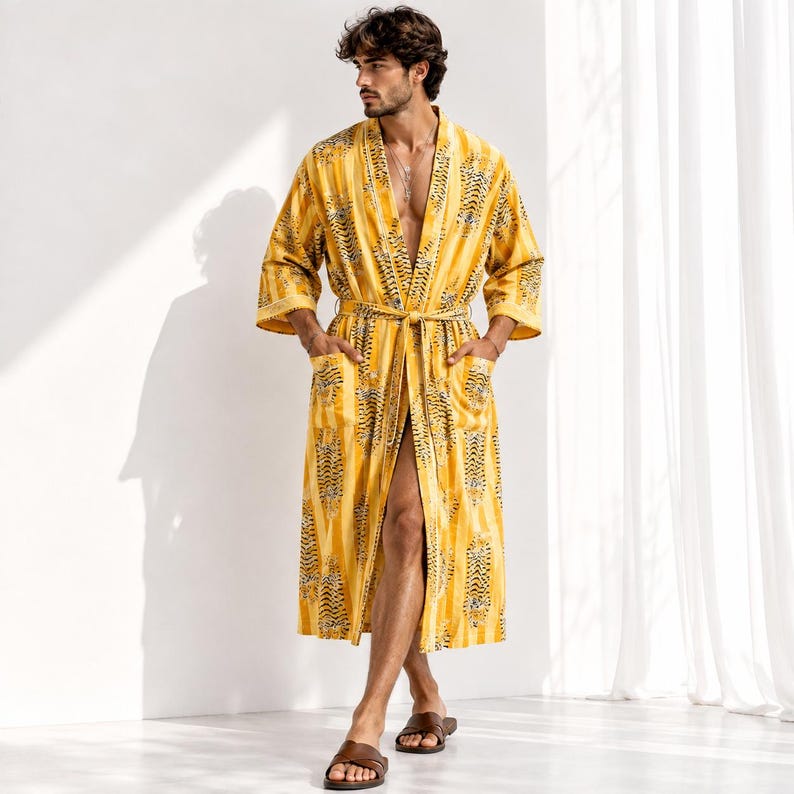 Green Men's Robe Pure Cotton Kimono Christmas Gift Autumn Wear Indian ...