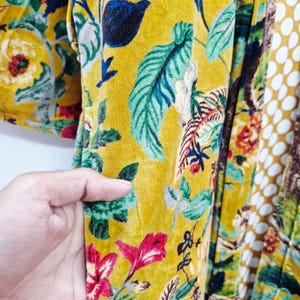 Yellow Velvet Kimono Robe: Floral Animal Print, Cotton Long Jacket Winter Coat image 5