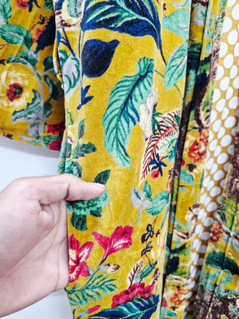Yellow Velvet Kimono Robe: Floral Animal Print, Cotton Long Jacket Winter Coat image 5