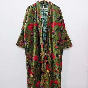 Reversible Velvet Kimono Robe: Green Jungle Safari Print, Cotton Jacket Winter Wear Green Bird