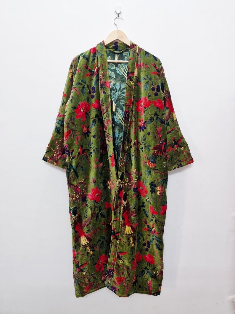 Reversible Velvet Kimono Robe: Green Jungle Safari Print, Cotton Jacket Winter Wear Green Bird
