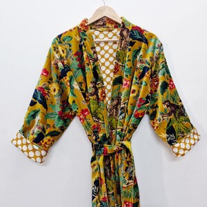 Yellow Velvet Kimono Robe: Floral Animal Print, Cotton Long Jacket Winter Coat image 4