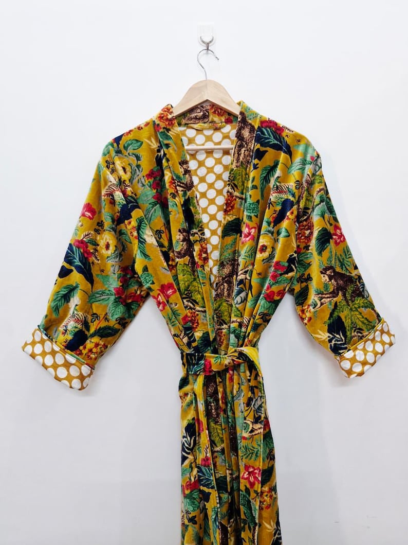 Yellow Velvet Kimono Robe: Floral Animal Print, Cotton Long Jacket Winter Coat image 4