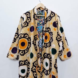 Reversible Velvet Kimono Robe: Green Jungle Safari Print, Cotton Jacket Winter Wear Beige Suzani Print
