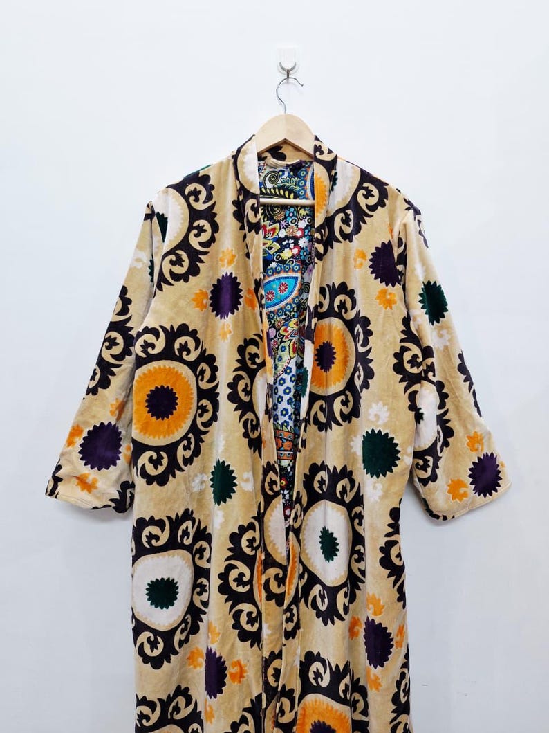 Reversible Velvet Kimono Robe: Green Jungle Safari Print, Cotton Jacket Winter Wear Beige Suzani Print