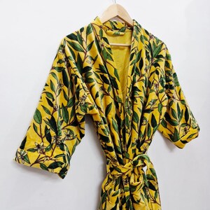 Yellow Velvet Kimono Robe: Floral Animal Print, Cotton Long Jacket Winter Coat Yellow Leaf