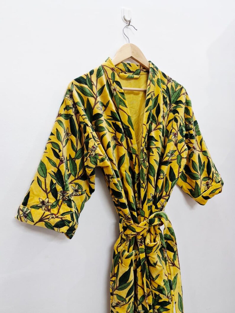Yellow Velvet Kimono Robe: Floral Animal Print, Cotton Long Jacket Winter Coat Yellow Leaf