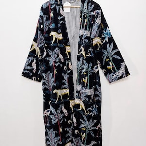 Reversible Velvet Kimono Robe: Green Jungle Safari Print, Cotton Jacket Winter Wear Black Jungle