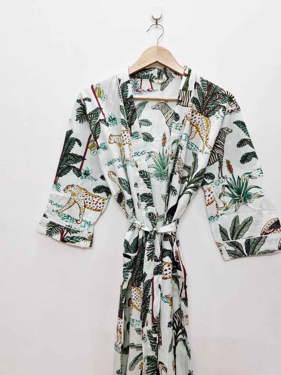 Block Print Cotton Kimono Robe: Multicolored Floral Boho Loungewear