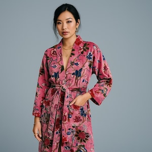 Pink Velvet Kimono Robe: Floral Print Cotton Velvet, One Size