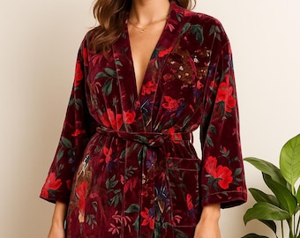 Reversible Floral Velvet Kimono Robe - Red Velvet Morning Tea Robes Cotton Cardigan