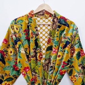 Yellow Velvet Kimono Robe: Floral Animal Print, Cotton Long Jacket Winter Coat image 2