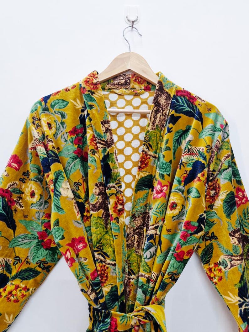 Yellow Velvet Kimono Robe: Floral Animal Print, Cotton Long Jacket Winter Coat image 2