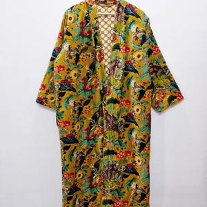 Yellow Velvet Kimono Robe: Floral Animal Print, Cotton Long Jacket Winter Coat image 3