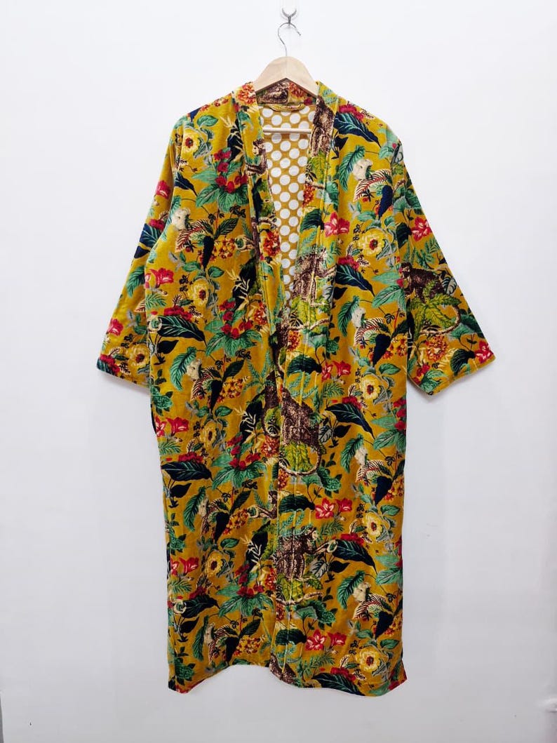 Yellow Velvet Kimono Robe: Floral Animal Print, Cotton Long Jacket Winter Coat image 3