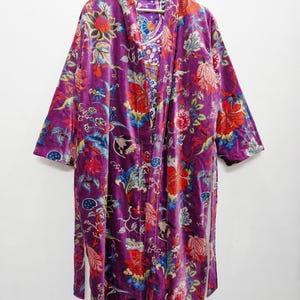Reversible Velvet Kimono Robe: Green Jungle Safari Print, Cotton Jacket Winter Wear Purple Floral