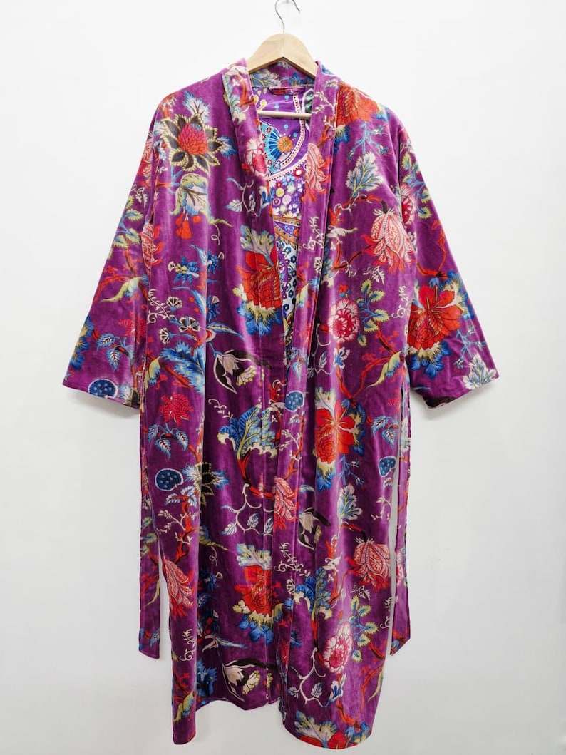 Reversible Velvet Kimono Robe: Green Jungle Safari Print, Cotton Jacket Winter Wear Purple Floral