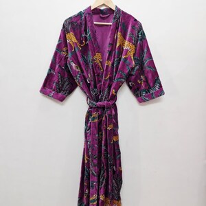 Yellow Velvet Kimono Robe: Floral Animal Print, Cotton Long Jacket Winter Coat Purple Leopard