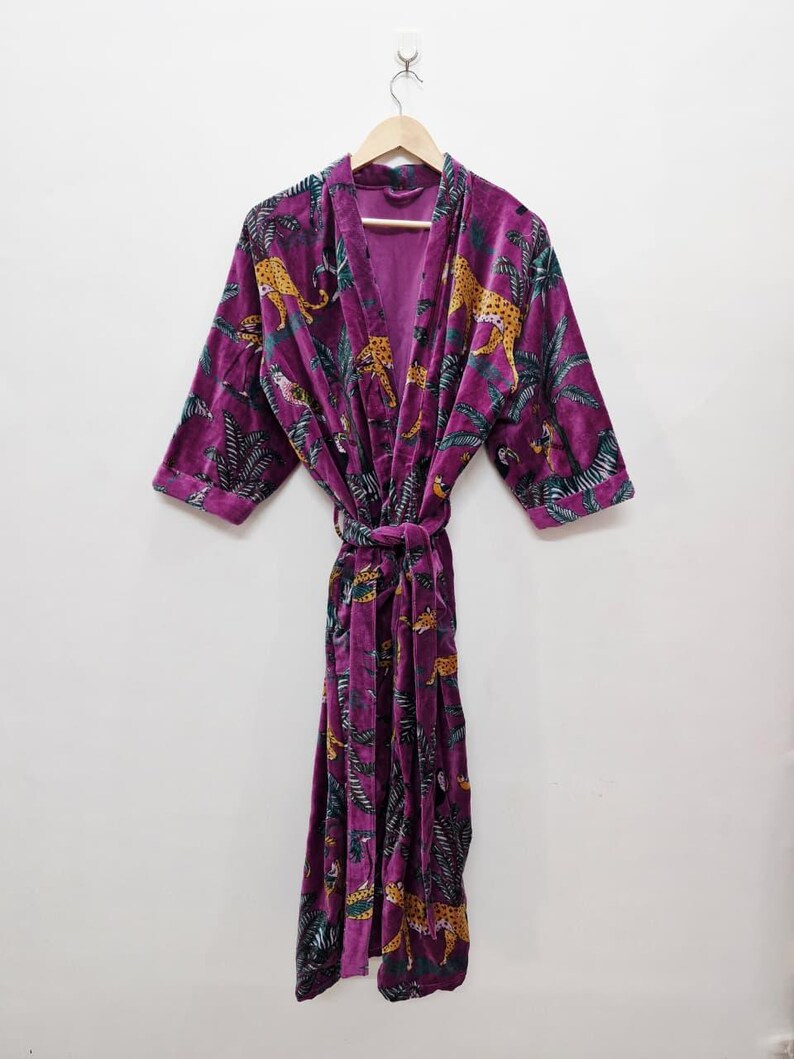 Yellow Velvet Kimono Robe: Floral Animal Print, Cotton Long Jacket Winter Coat Purple Leopard
