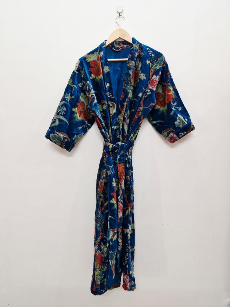 Yellow Velvet Kimono Robe: Floral Animal Print, Cotton Long Jacket Winter Coat Teal Blue Floral