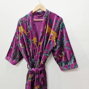 Yellow Velvet Kimono Robe: Floral Animal Print, Cotton Long Jacket Winter Coat image 13
