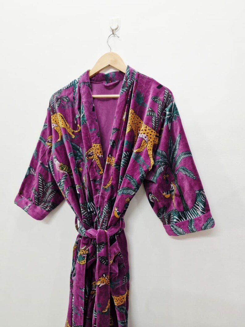 Yellow Velvet Kimono Robe: Floral Animal Print, Cotton Long Jacket Winter Coat image 13