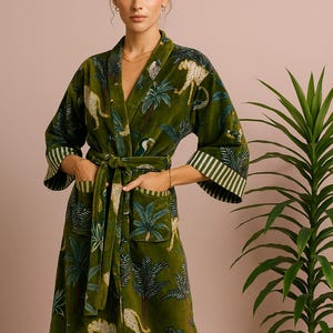 Reversible Velvet Kimono Robe: Green Jungle Safari Print, Cotton Jacket Winter Wear image 2