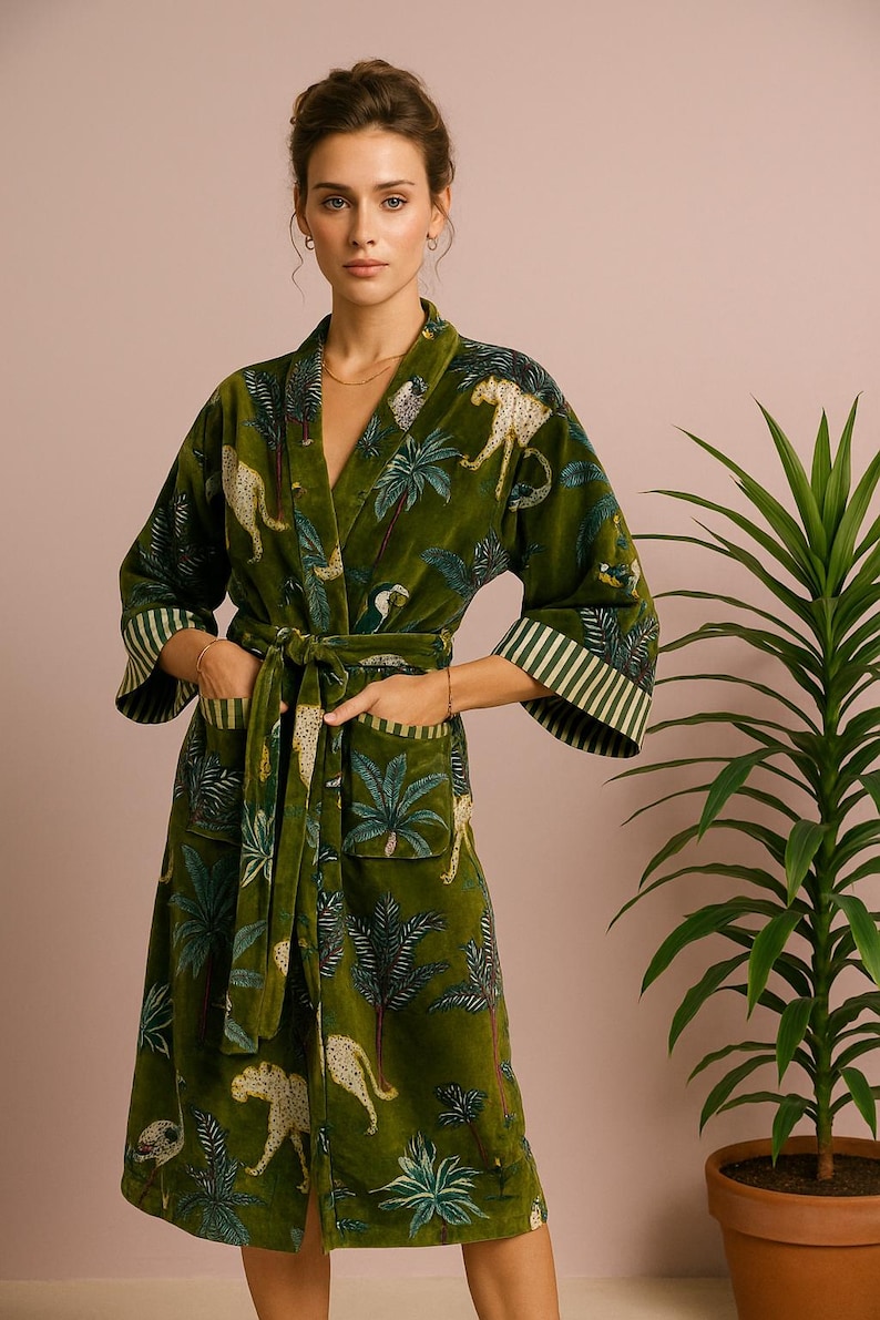 Reversible Velvet Kimono Robe: Green Jungle Safari Print, Cotton Jacket Winter Wear image 2