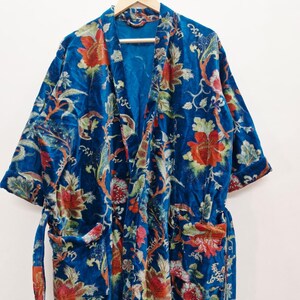 Yellow Velvet Kimono Robe: Floral Animal Print, Cotton Long Jacket Winter Coat image 15