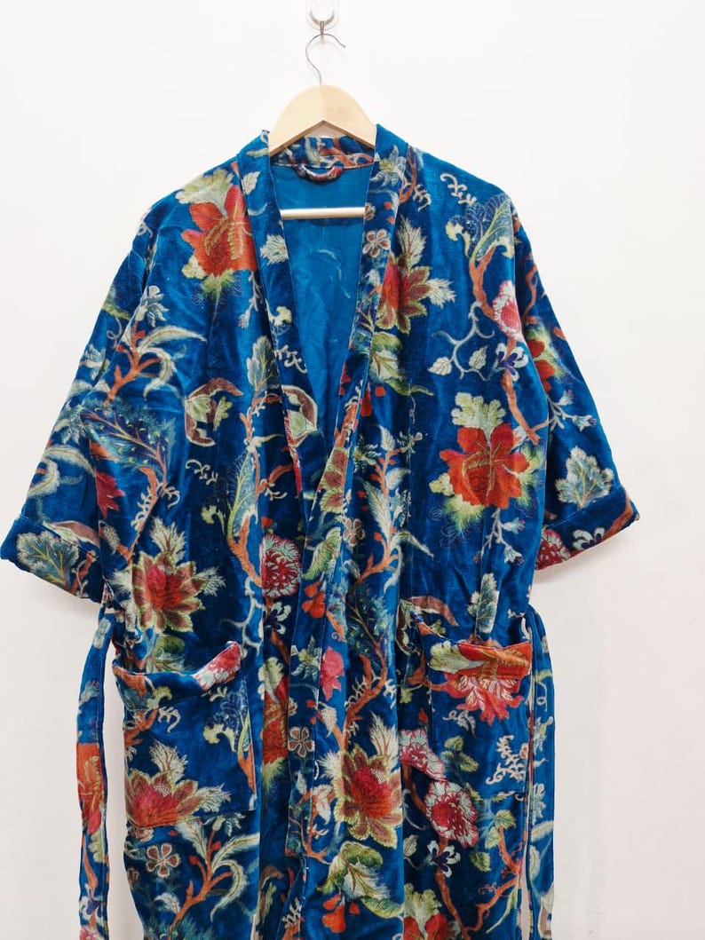 Yellow Velvet Kimono Robe: Floral Animal Print, Cotton Long Jacket Winter Coat image 15