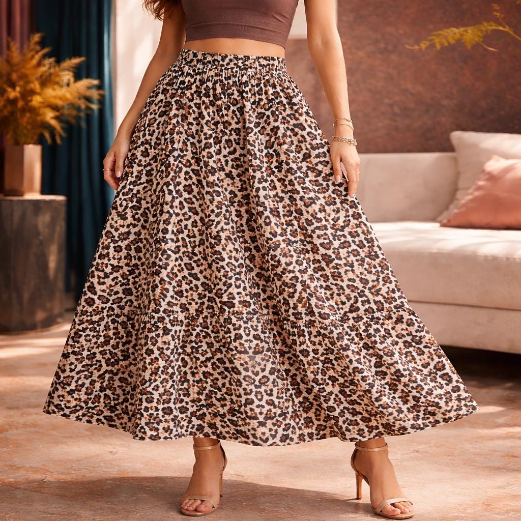 FM2018XSL Gonna Lunga Donna Stampa Leopardata, Gonna Stampata A-Line, Coulisse Plissettato, Vita Alta, Slim Fit,S,Giallo