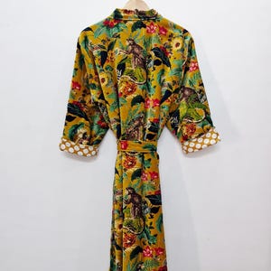 Yellow Velvet Kimono Robe: Floral Animal Print, Cotton Long Jacket Winter Coat image 8