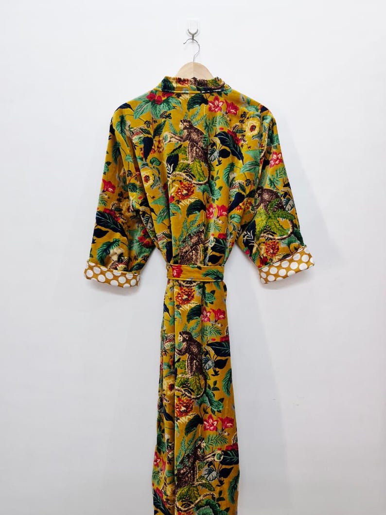 Yellow Velvet Kimono Robe: Floral Animal Print, Cotton Long Jacket Winter Coat image 8