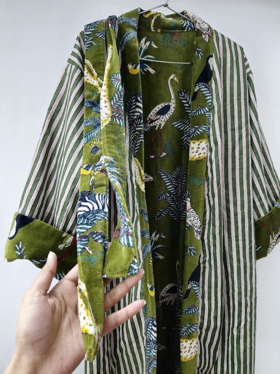 Reversible Velvet Kimono Robe: Green Jungle Safari Print, Cotton Jacket Winter Wear