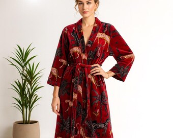 Red Jungle Safari Velvet Kimono Comfy House Coat Luxury Loungewear Dressing Gown Bathrobe Gift
