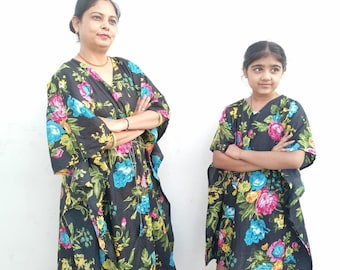 2  Piece Set For Mother And Daughter,Flower Hand Block Print Sleepwear Maxi Dress Kaftan ,Beach Cover up, Indian Handmade Floral Cotton