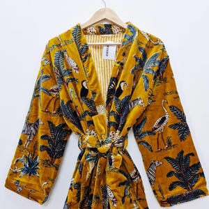 Reversible Velvet Kimono Robe: Green Jungle Safari Print, Cotton Jacket Winter Wear Mustard YellowJungle