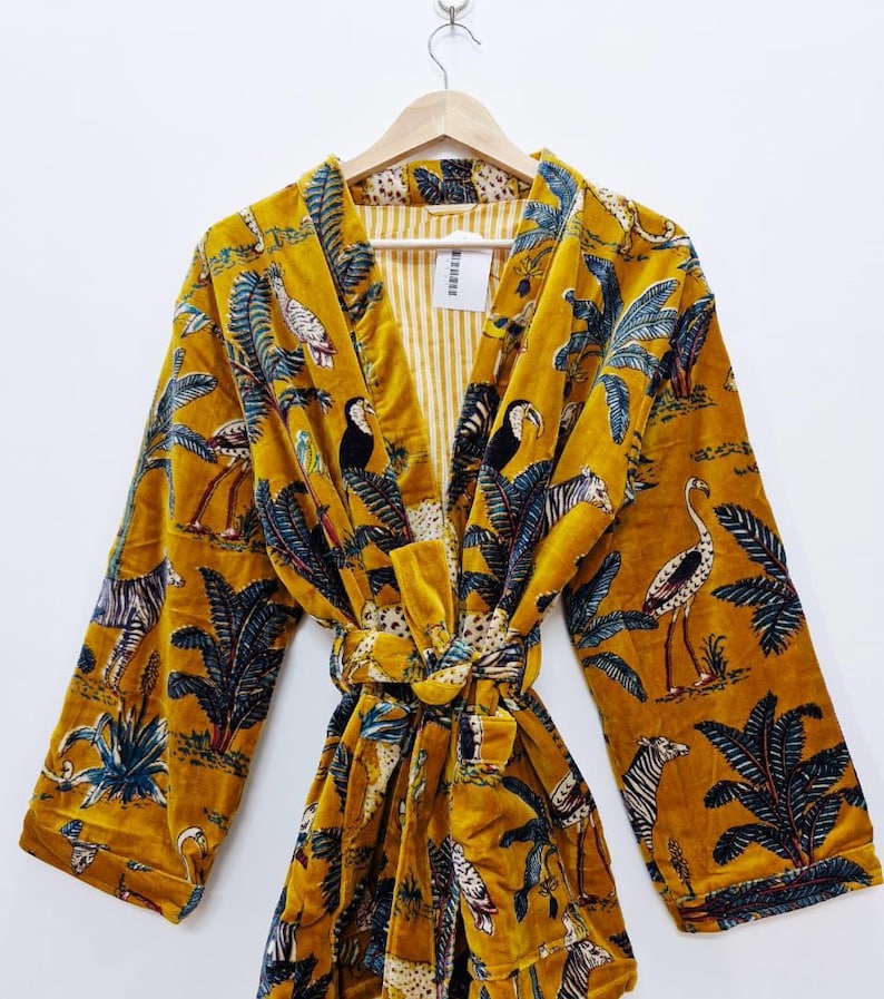 Reversible Velvet Kimono Robe: Green Jungle Safari Print, Cotton Jacket Winter Wear Mustard YellowJungle