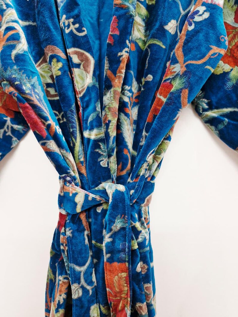 Yellow Velvet Kimono Robe: Floral Animal Print, Cotton Long Jacket Winter Coat image 16